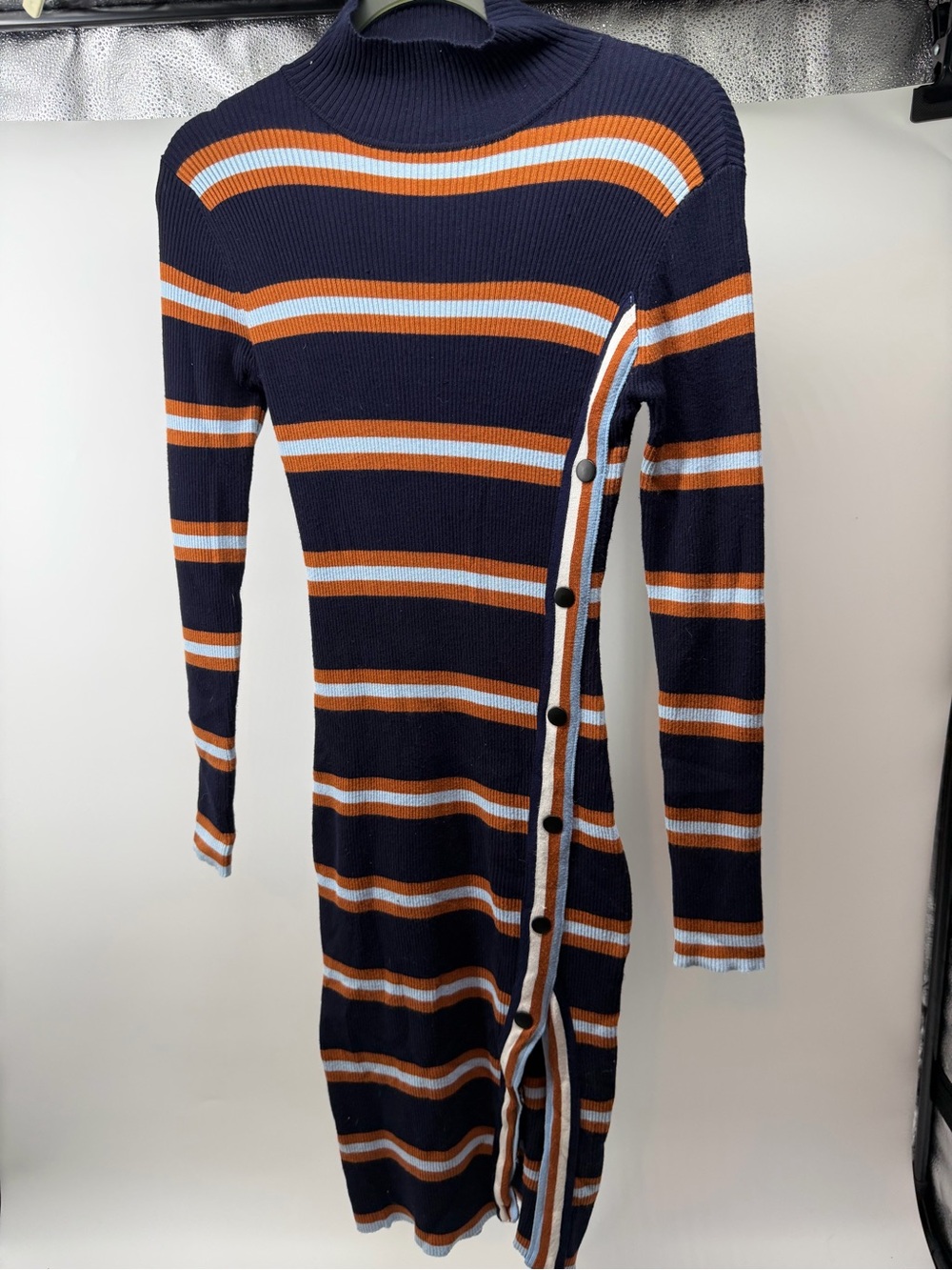 Le Lis Navy, Orange & White Striped Ribbed Midi Dress with Side Button Trim
